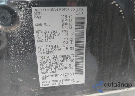 2014 Nissan Rogue Sv z USA, uszkodzony, nr VIN 5N1AT2MT9EC772753